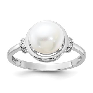 Sterling Silver Rhodium-plated 8-9mm White Button Freshwater Cultured Pearl and CZ Circle Ring