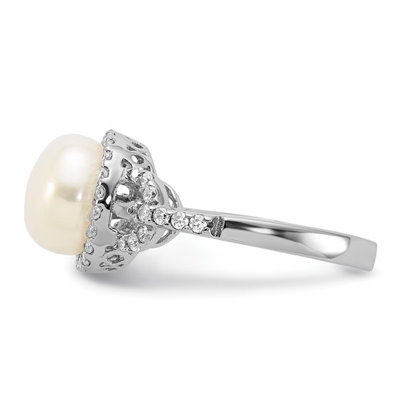 Sterling Silver Rhodium-plated 9-10mm White Button Freshwater Cultured Pearl and CZ Ring