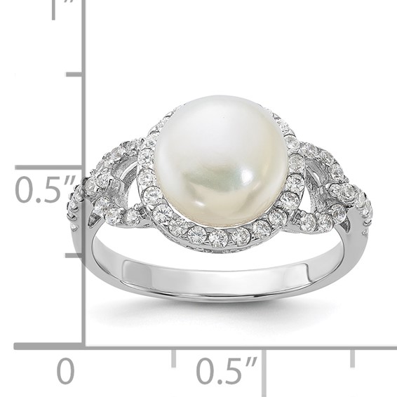 Sterling Silver Rhodium-plated 9-10mm White Button Freshwater Cultured Pearl and CZ Ring