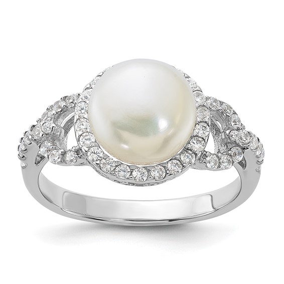Sterling Silver Rhodium-plated 9-10mm White Button Freshwater Cultured Pearl and CZ Ring