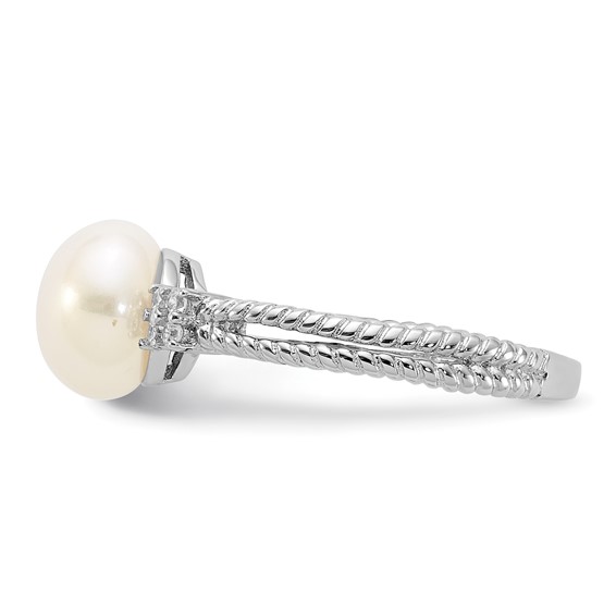 Sterling Silver Rhodium-plated 8-9mm White Button Freshwater Cultured Pearl and CZ Ring