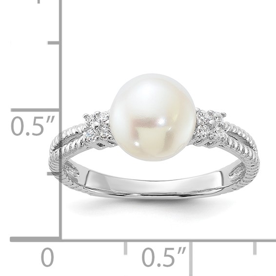 Sterling Silver Rhodium-plated 8-9mm White Button Freshwater Cultured Pearl and CZ Ring