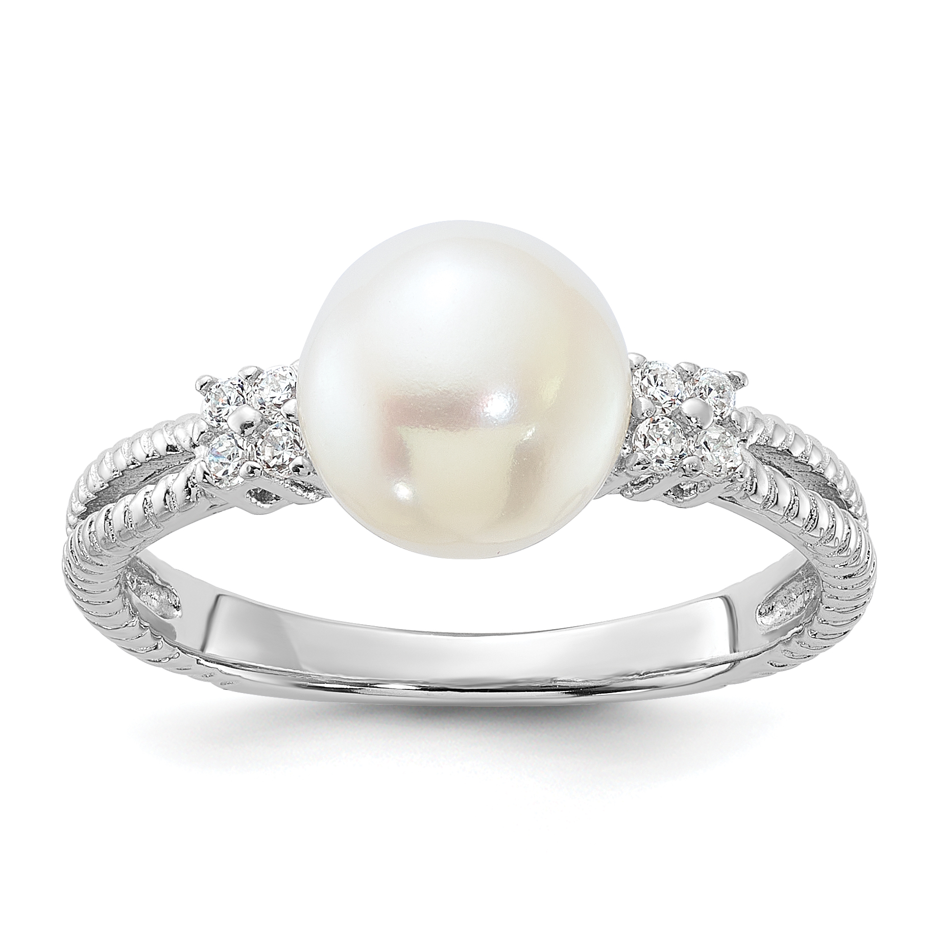 Sterling Silver Rhodium-plated 8-9mm White Button Freshwater Cultured Pearl and CZ Ring (QR7598-8)