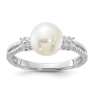 Sterling Silver Rhodium-plated 8-9mm White Button Freshwater Cultured Pearl and CZ Ring