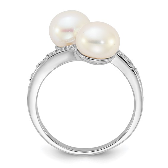 Sterling Silver Rhodium-plated 8-9mm White Button Freshwater Cultured Pearl and CZ Bypass Ring