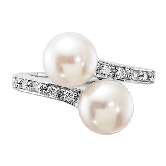 Sterling Silver Rhodium-plated 8-9mm White Button Freshwater Cultured Pearl and CZ Bypass Ring