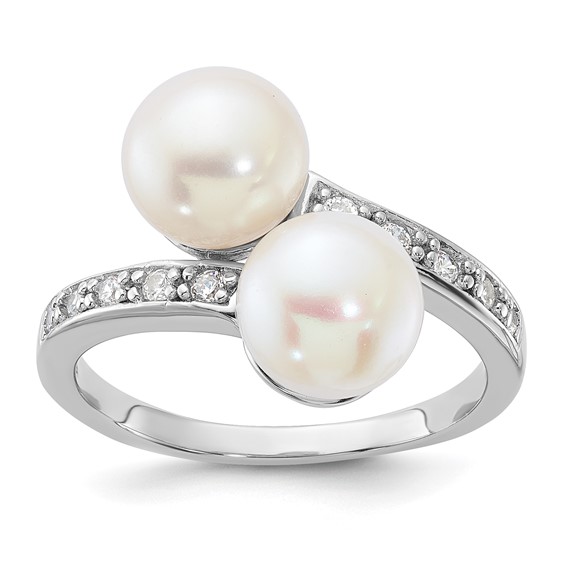 Sterling Silver Rhodium-plated 8-9mm White Button Freshwater Cultured Pearl and CZ Bypass Ring