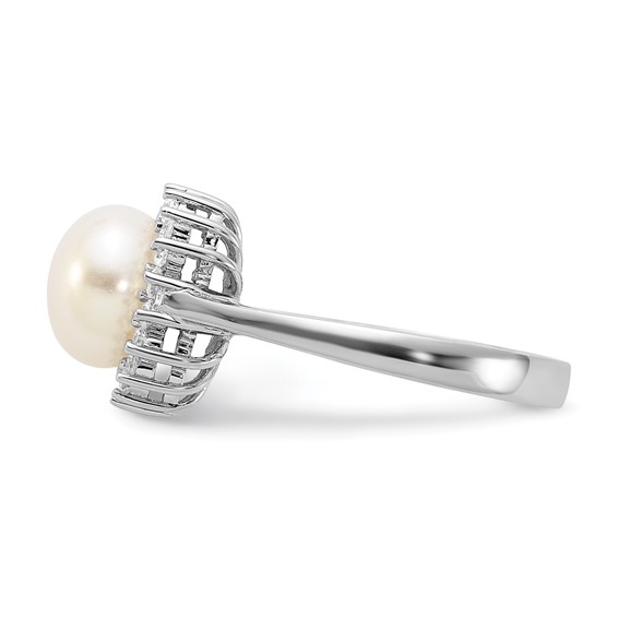 Sterling Silver Rhodium-plated 8-9mm White Freshwater Cultured Pearl and CZ Ring