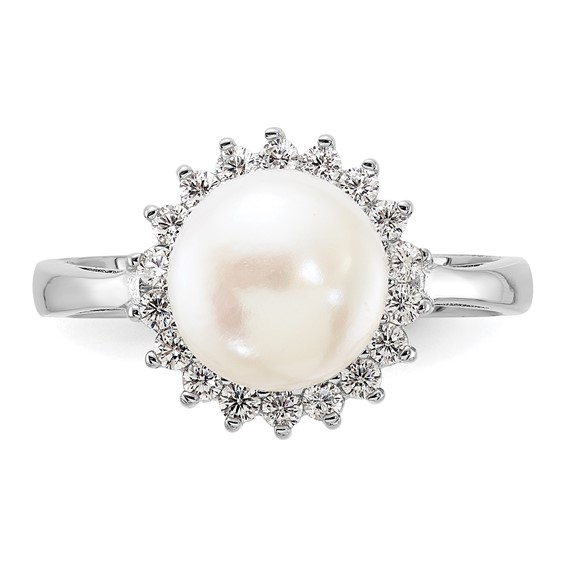Sterling Silver Rhodium-plated 8-9mm White Freshwater Cultured Pearl and CZ Ring