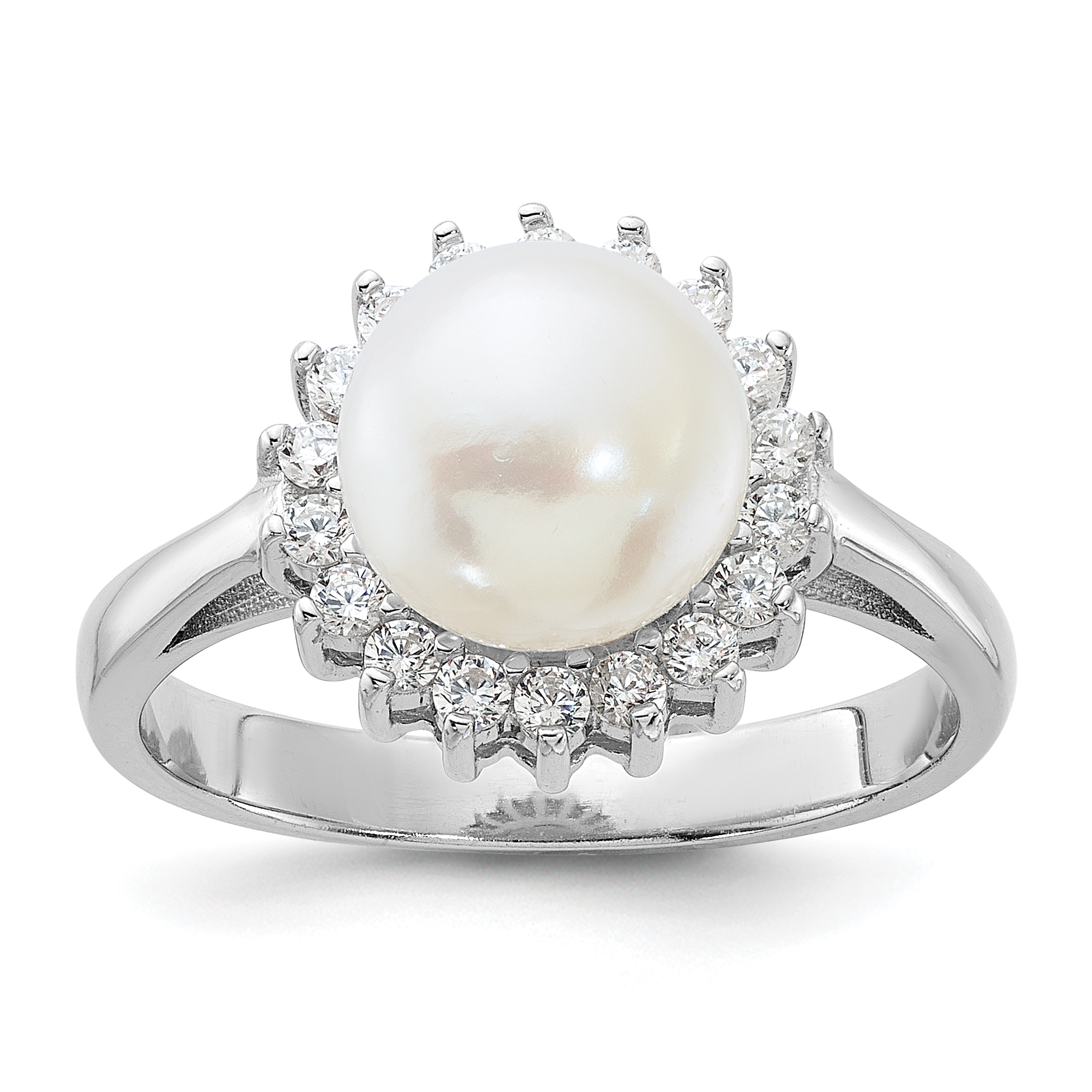 Sterling Silver Rhodium-plated 8-9mm White Freshwater Cultured Pearl and CZ Ring (QR7600-7)