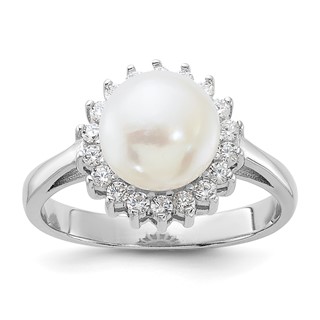 Sterling Silver Rhodium-plated 8-9mm White Freshwater Cultured Pearl and CZ Ring