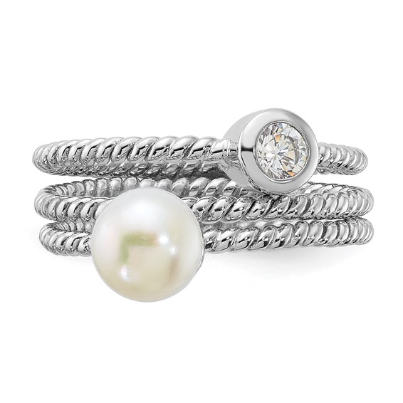 Sterling Silver Rhodium-plated 6-7mm White Freshwater Cultured Pearl and CZ 3 Ring Set