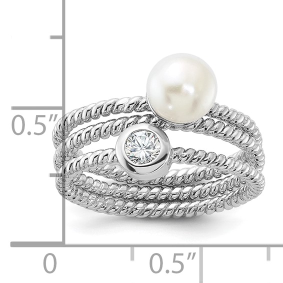 Sterling Silver Rhodium-plated 6-7mm White Freshwater Cultured Pearl and CZ 3 Ring Set
