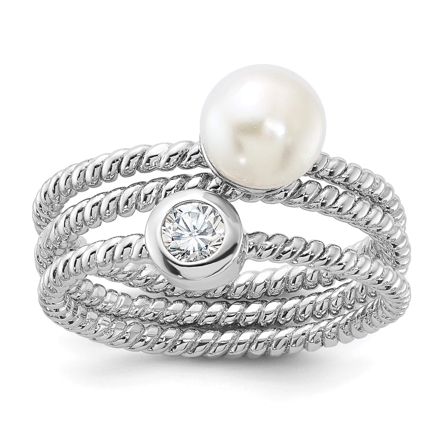 Sterling Silver Rhodium-plated 6-7mm White Freshwater Cultured Pearl and CZ 3 Ring Set (QR7601-6)