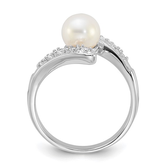 Sterling Silver Rhodium-plated 6-7mm White Freshwater Cultured Pearl and CZ Bypass Ring