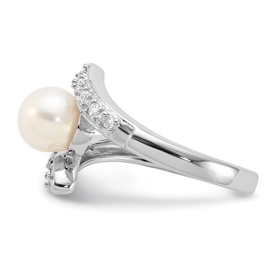 Sterling Silver Rhodium-plated 6-7mm White Freshwater Cultured Pearl and CZ Bypass Ring
