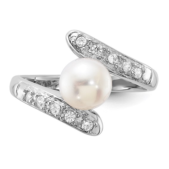 Sterling Silver Rhodium-plated 6-7mm White Freshwater Cultured Pearl and CZ Bypass Ring