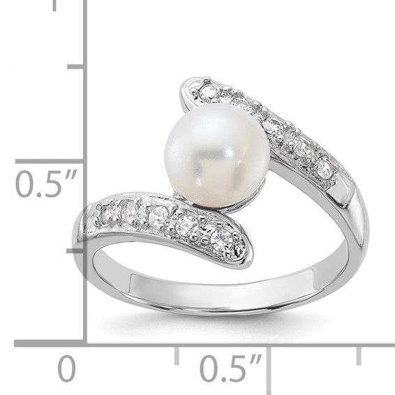 Sterling Silver Rhodium-plated 6-7mm White Freshwater Cultured Pearl and CZ Bypass Ring