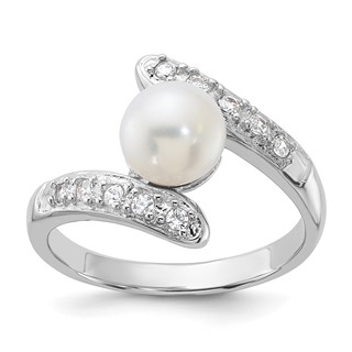 Sterling Silver Rhodium-plated 6-7mm White Freshwater Cultured Pearl and CZ Bypass Ring