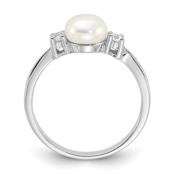 Sterling Silver Rhodium-plated 6-7mm White Freshwater Cultured Pearl and CZ Ring