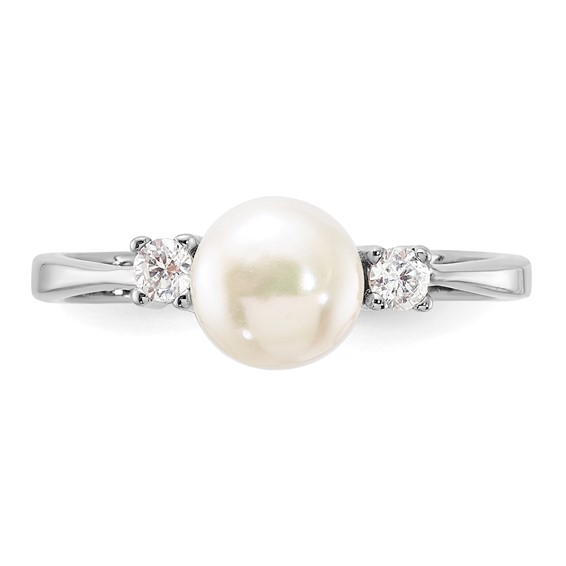 Sterling Silver Rhodium-plated 6-7mm White Freshwater Cultured Pearl and CZ Ring