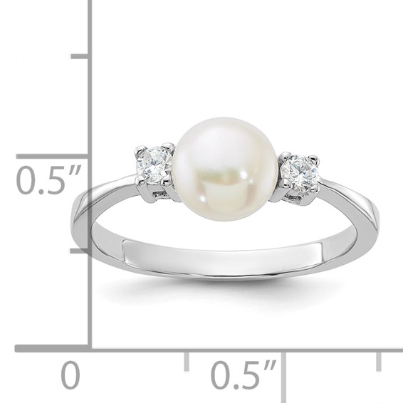Sterling Silver Rhodium-plated 6-7mm White Freshwater Cultured Pearl and CZ Ring