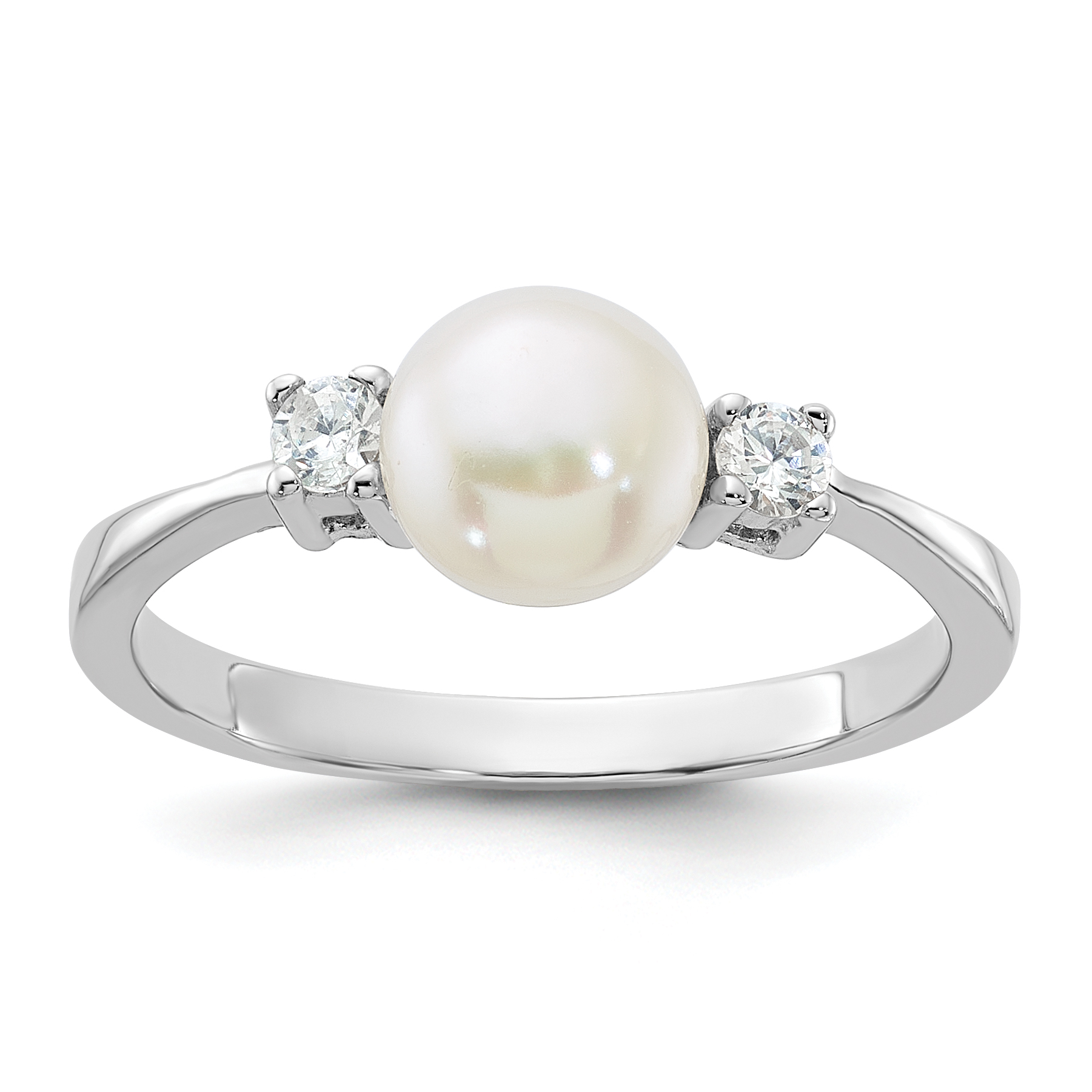 Sterling Silver Rhodium-plated 6-7mm White Freshwater Cultured Pearl and CZ Ring (QR7603-6)