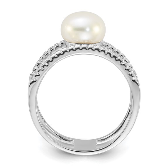 Sterling Silver Rhodium-plated 8-9mm White Freshwater Cultured Pearl and CZ Ring