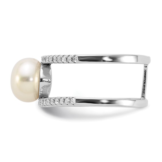 Sterling Silver Rhodium-plated 8-9mm White Freshwater Cultured Pearl and CZ Ring