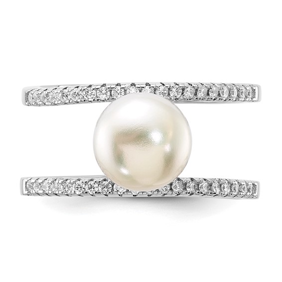 Sterling Silver Rhodium-plated 8-9mm White Freshwater Cultured Pearl and CZ Ring