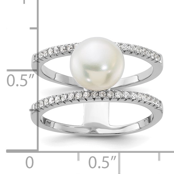Sterling Silver Rhodium-plated 8-9mm White Freshwater Cultured Pearl and CZ Ring
