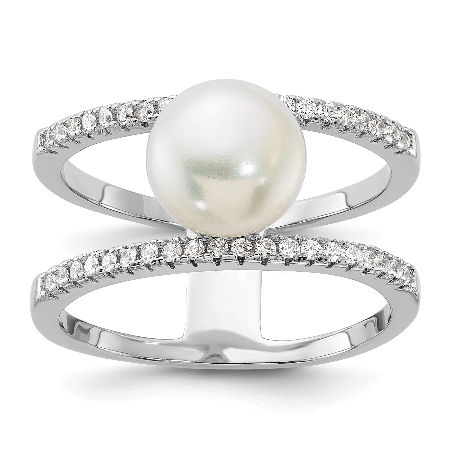 Sterling Silver Rhodium-plated 8-9mm White Freshwater Cultured Pearl and CZ Ring (QR7607-6)