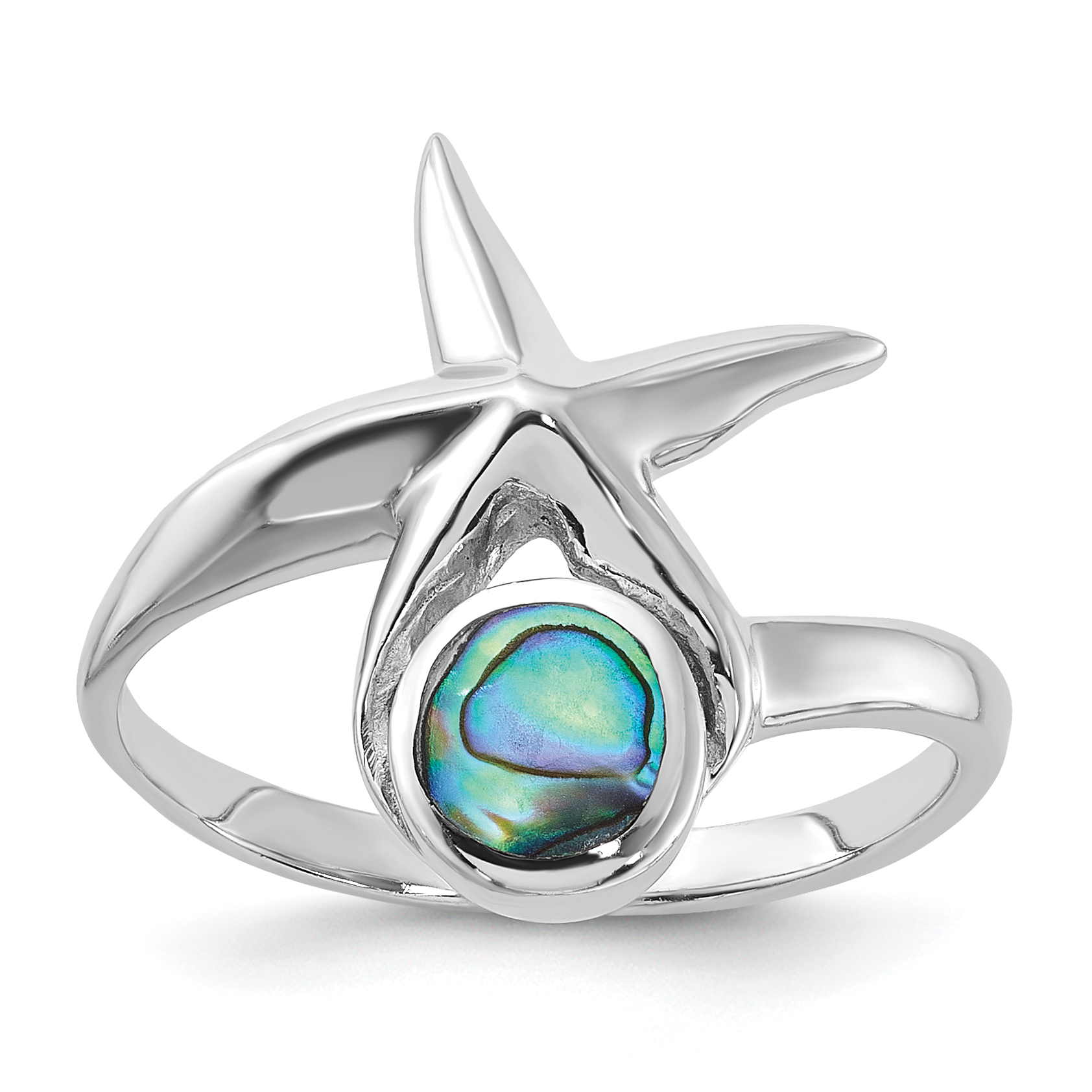 Sterling Silver Rhodium-Plated Polished Round Abalone with Starfish Ring (QR7608-7)