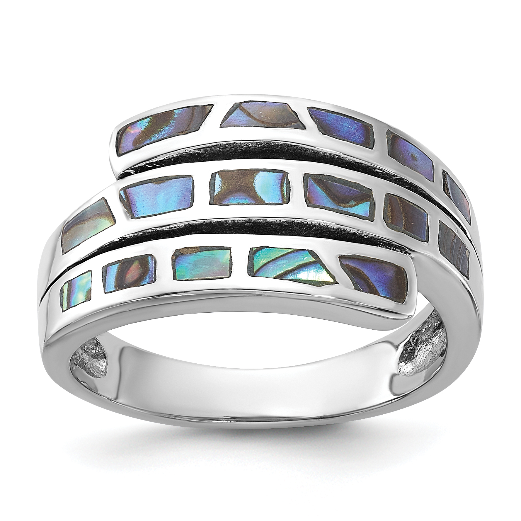 Sterling Silver Rhodium-Plated Polished Abalone Fancy Band Ring (QR7609-7)