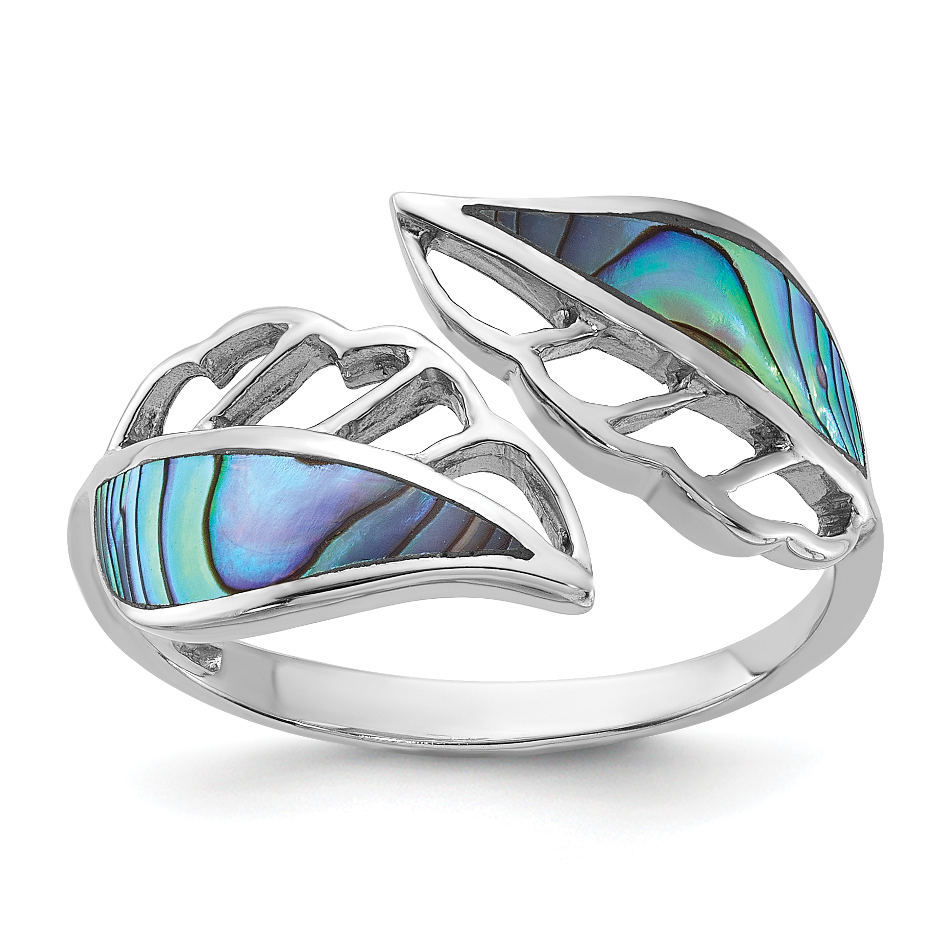 Sterling Silver Rhodium-Plated Polished Abalone Bypass Leaf Ring (QR7610-6)