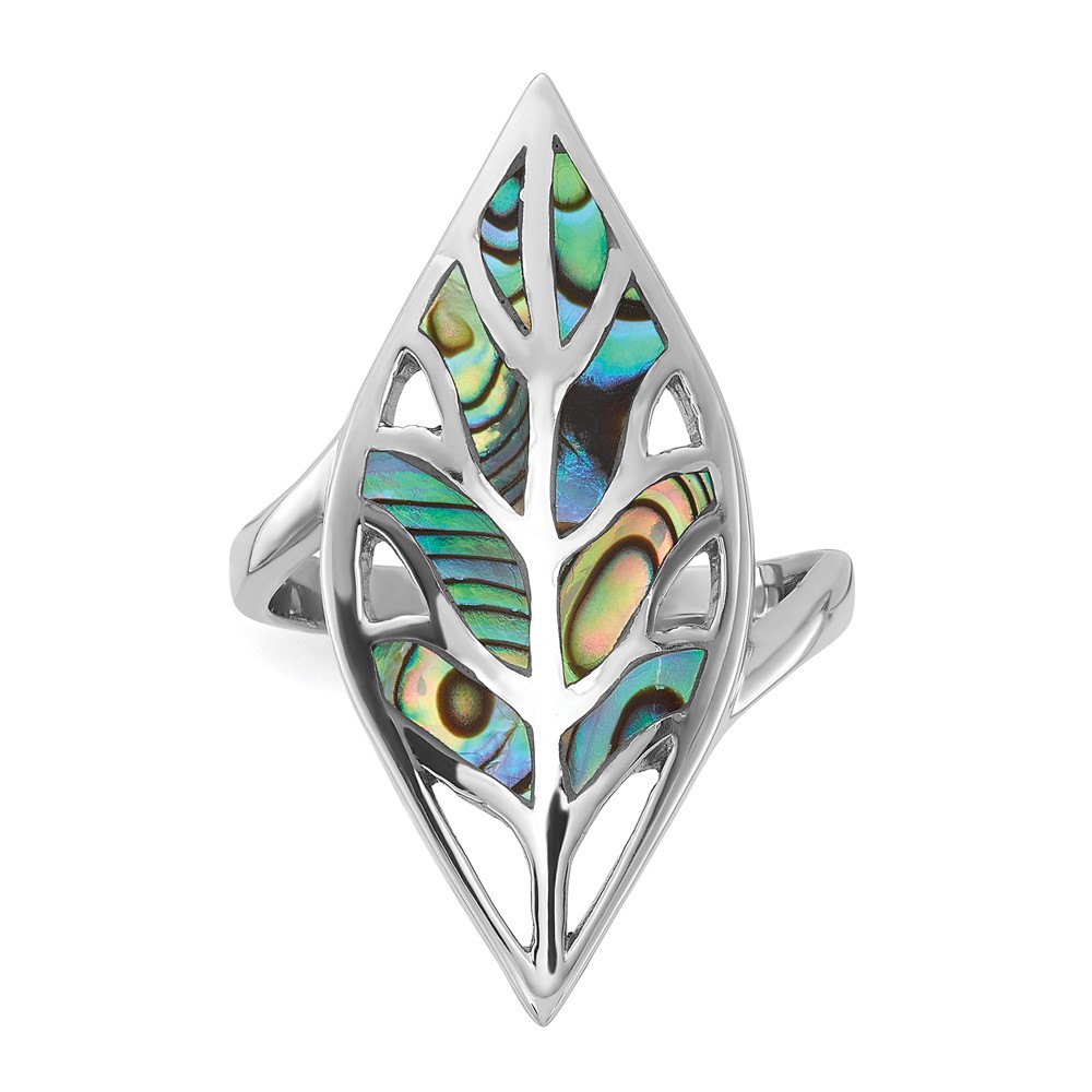 Sterling Silver Rhodium-Plated Polished Abalone Leaf Ring (QR7611-6)