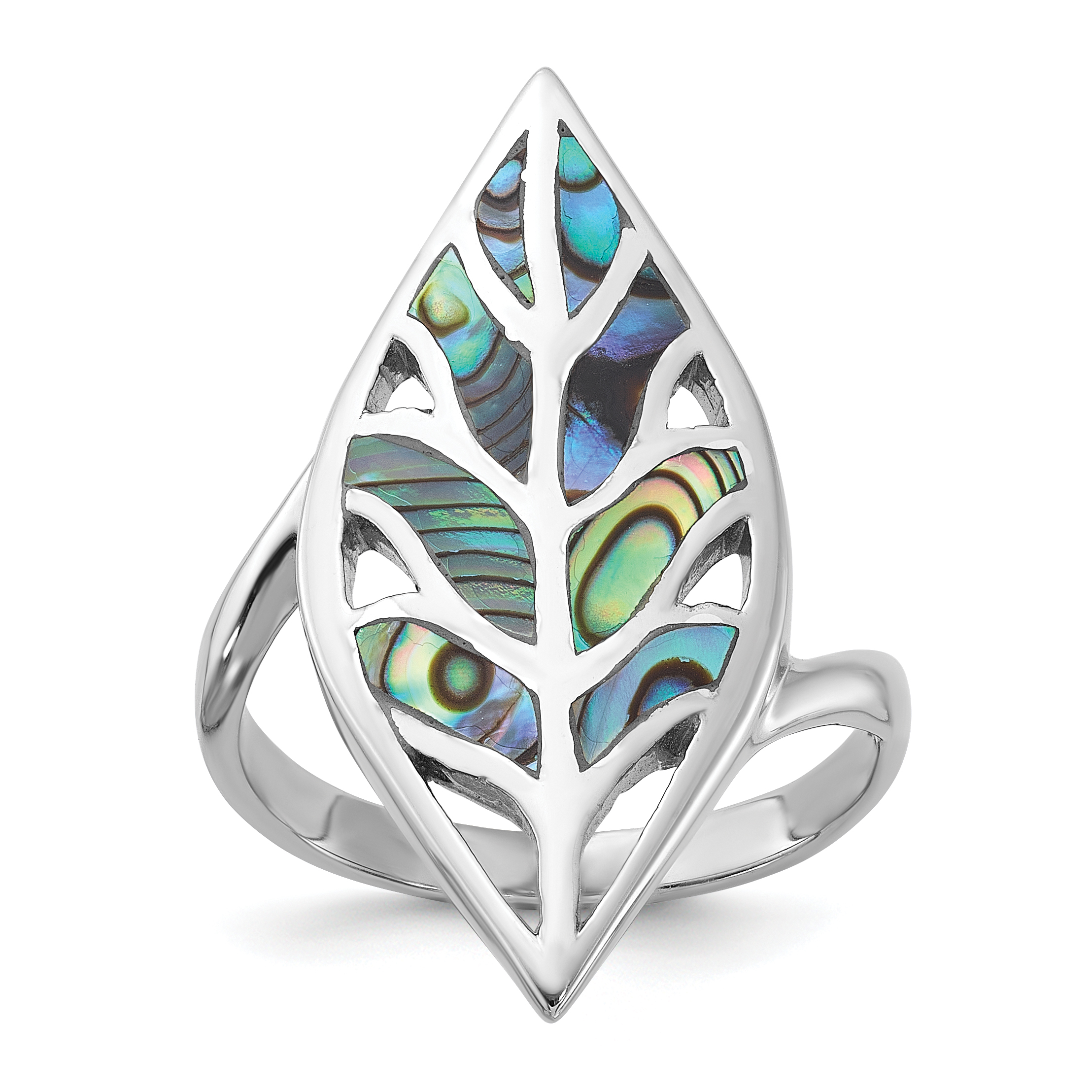 Sterling Silver Rhodium-Plated Polished Abalone Leaf Ring (QR7611-6)