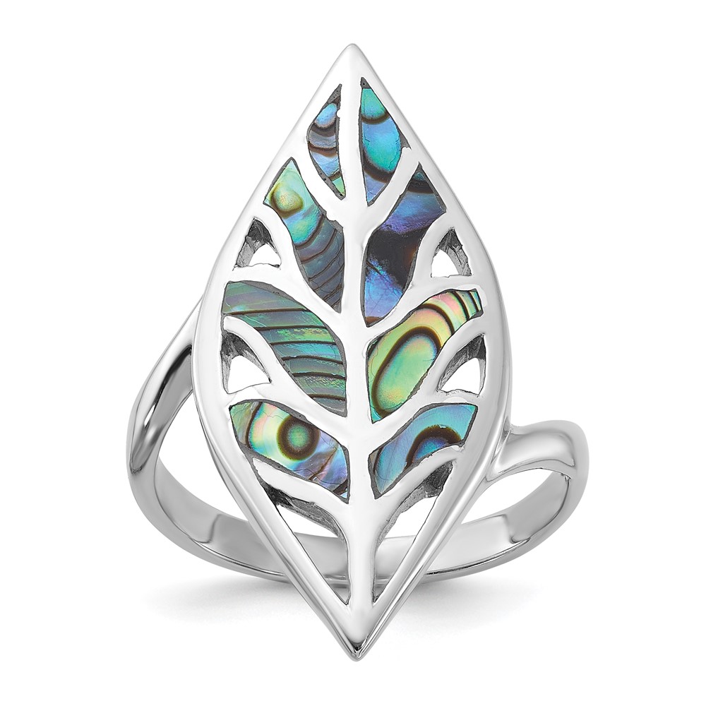 Sterling Silver Rhodium-Plated Polished Abalone Leaf Ring (QR7611-6)