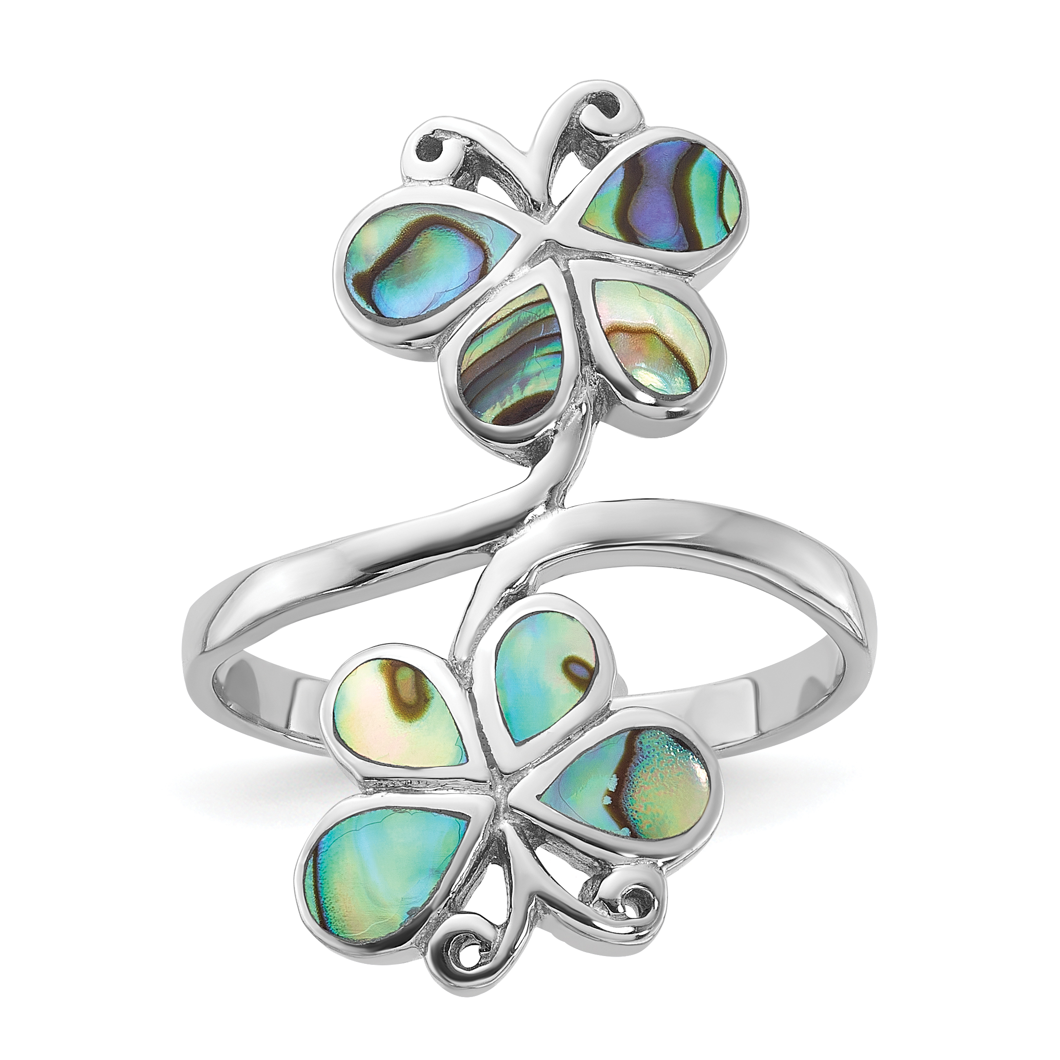 Sterling Silver Rhodium-Plated Polished Abalone Double Butterfly Ring (QR7612-6)