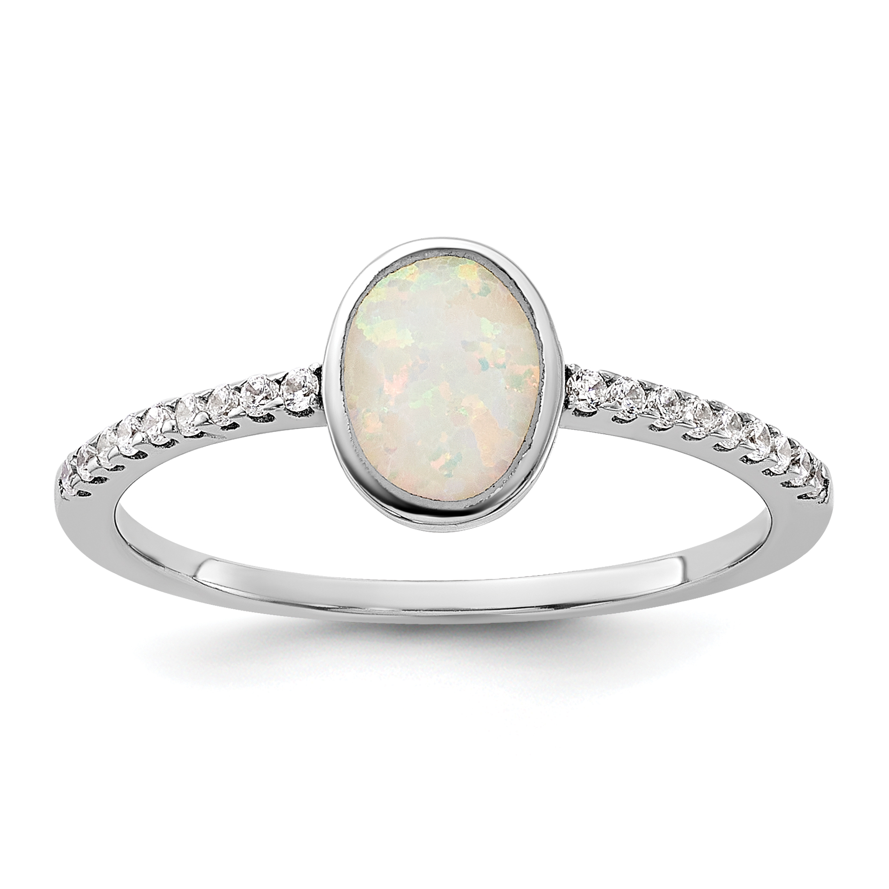 Sterling Silver Rhodium-plated Created Opal and CZ Ring (QR7614-7)
