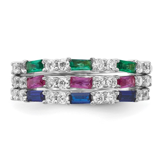 Sterling Silver Rhodium-plated Green, Red and Blue CZ 3 Ring Set