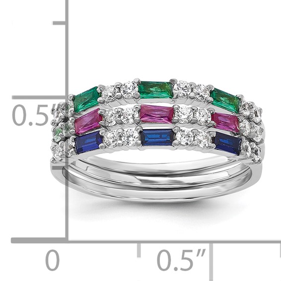 Sterling Silver Rhodium-plated Green, Red and Blue CZ 3 Ring Set