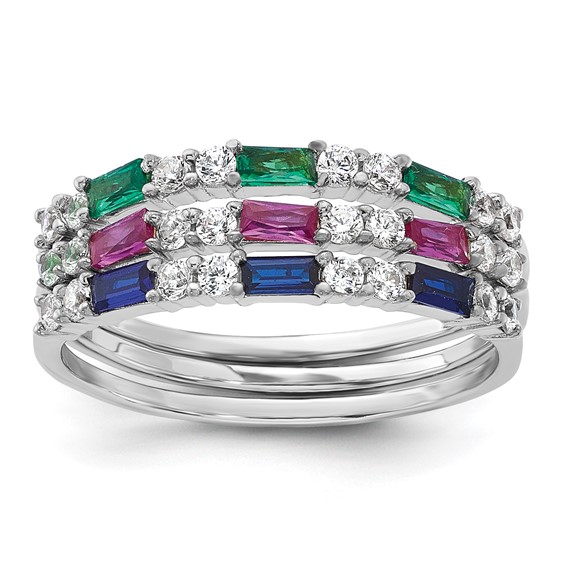 Sterling Silver Rhodium-plated Green, Red and Blue CZ 3 Ring Set