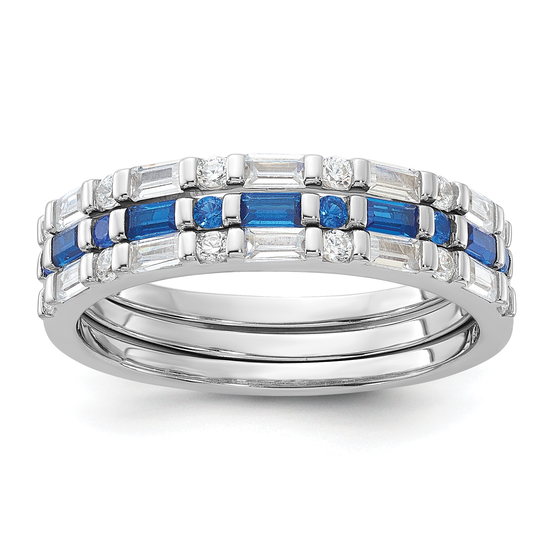 Sterling Silver Rhodium-plated Blue and White CZ 3 Ring Set (QR7619-6)