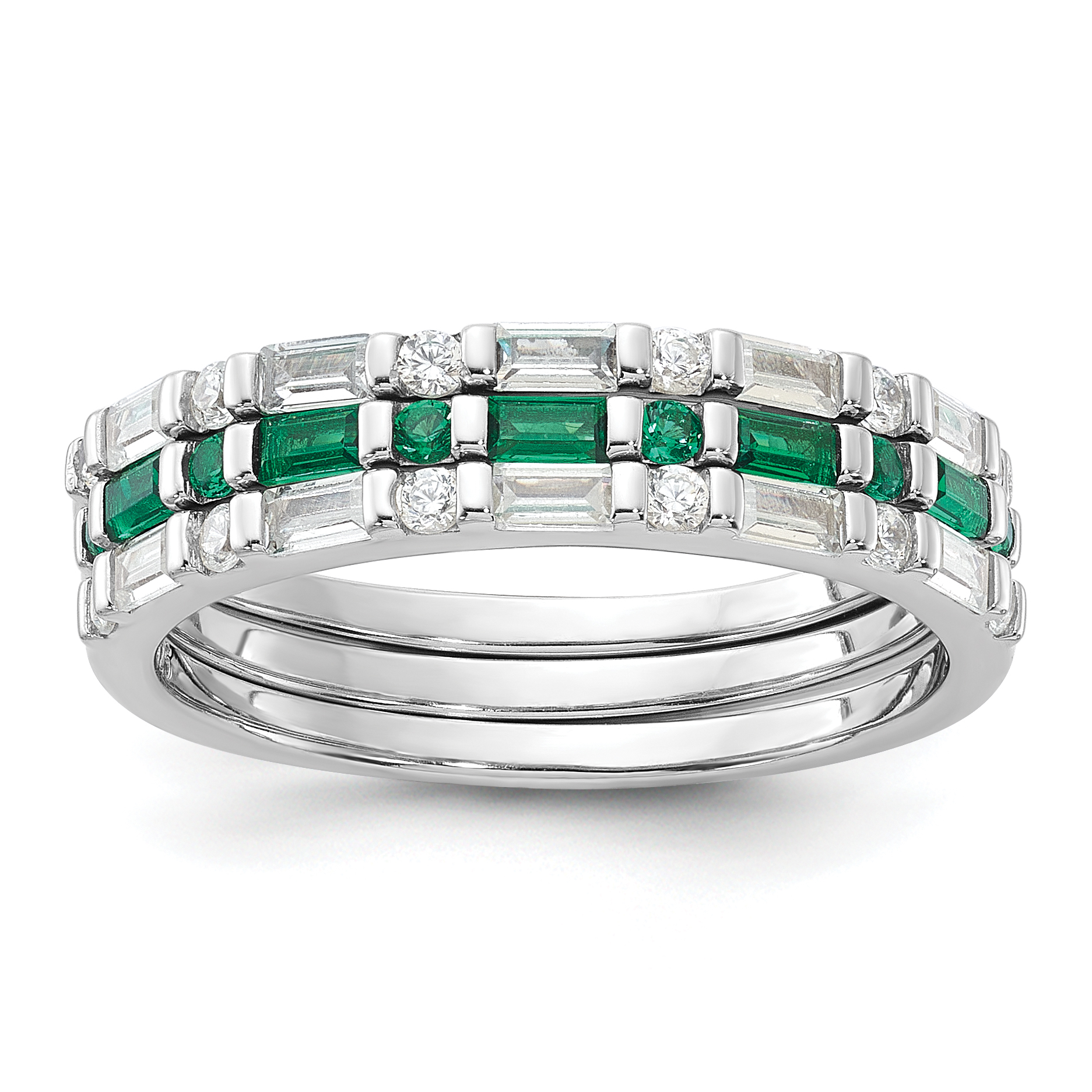 Sterling Silver Rhodium-plated Green and White CZ 3 Ring Set (QR7620-6)