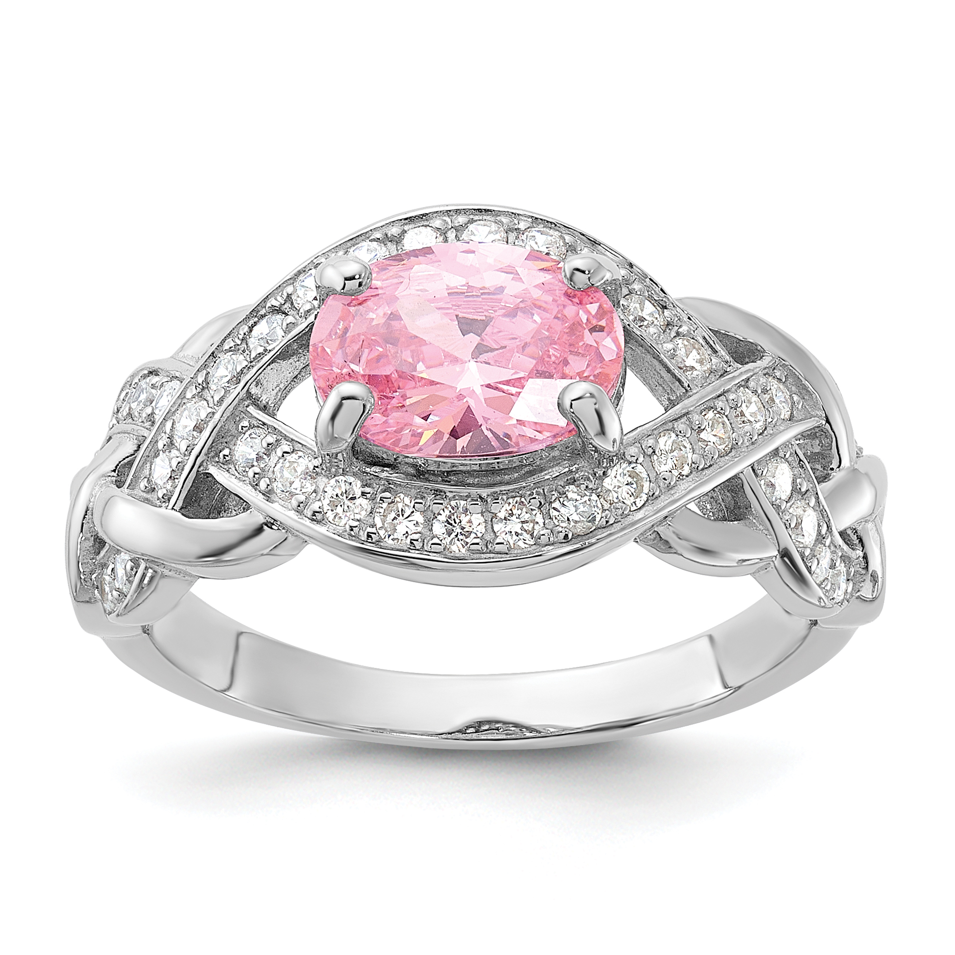 Sterling Silver Rhodium-plated Pink & White CZ Braided Ring (QR7626-6)