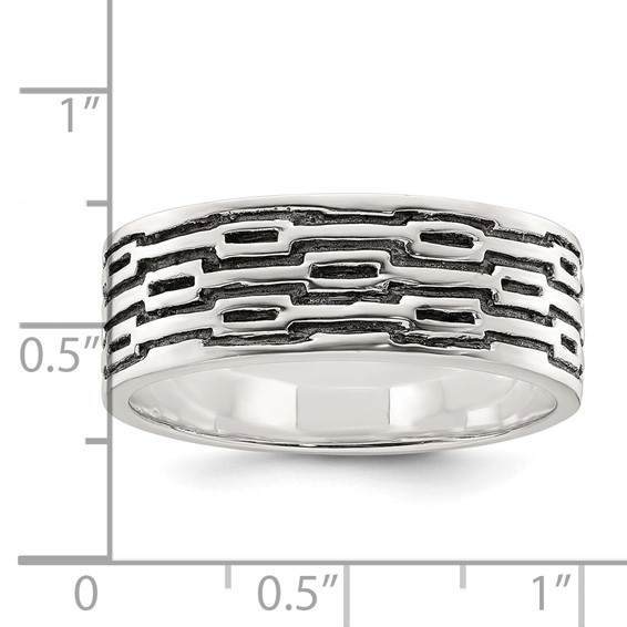 Sterling Silver Polished Oxidized Patterned Men's Band Ring