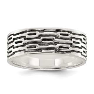 Sterling Silver Polished Oxidized Patterned Men's Band Ring