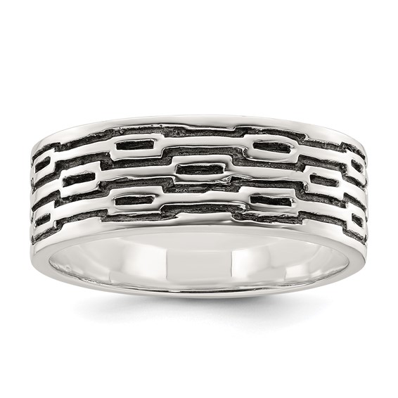 Sterling Silver Polished Oxidized Patterned Men's Band Ring