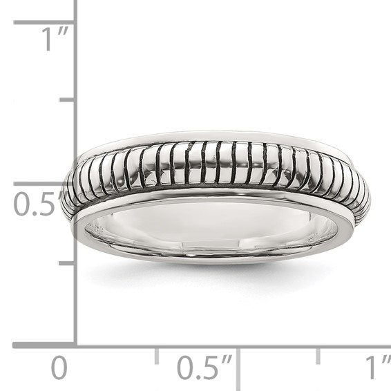 Sterling Silver Polished Oxidized Half Round Patterned Men's Ring
